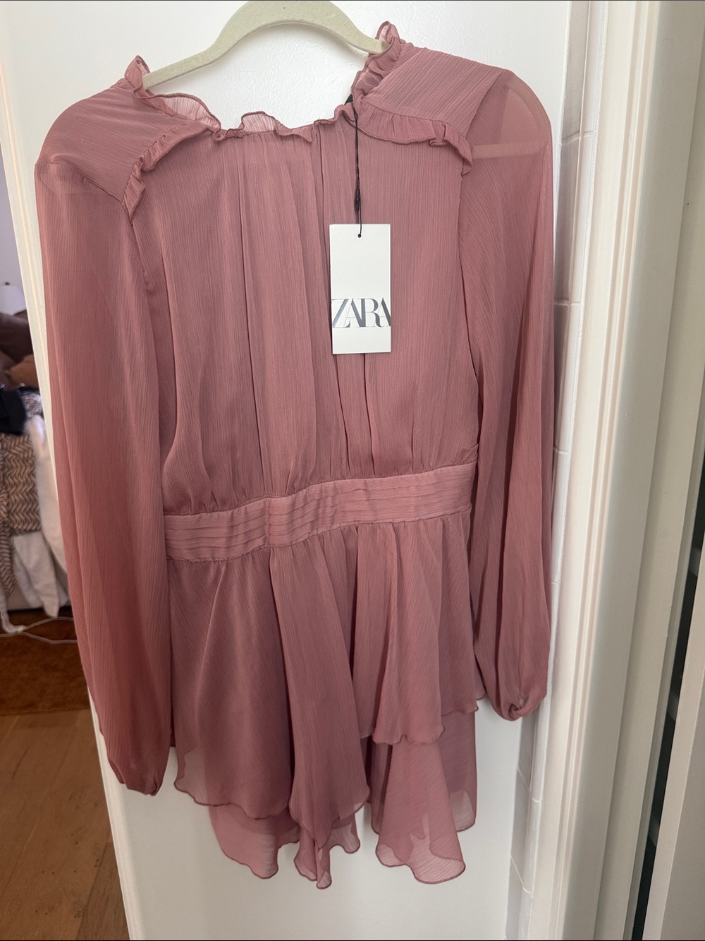 ZARA Dusty Rose Ruffled Long-Sleeve Chiffon Dress